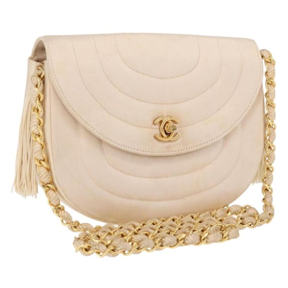 Chanel Vintage Round Flap Satin Beige Satin Shoulder Bag Bag